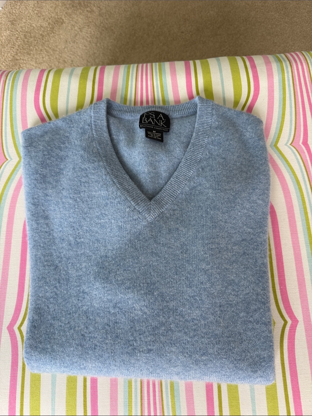 Jos. A. Bank Men's Light Blue V-Neck Cashmere Sweater - Classic Fit